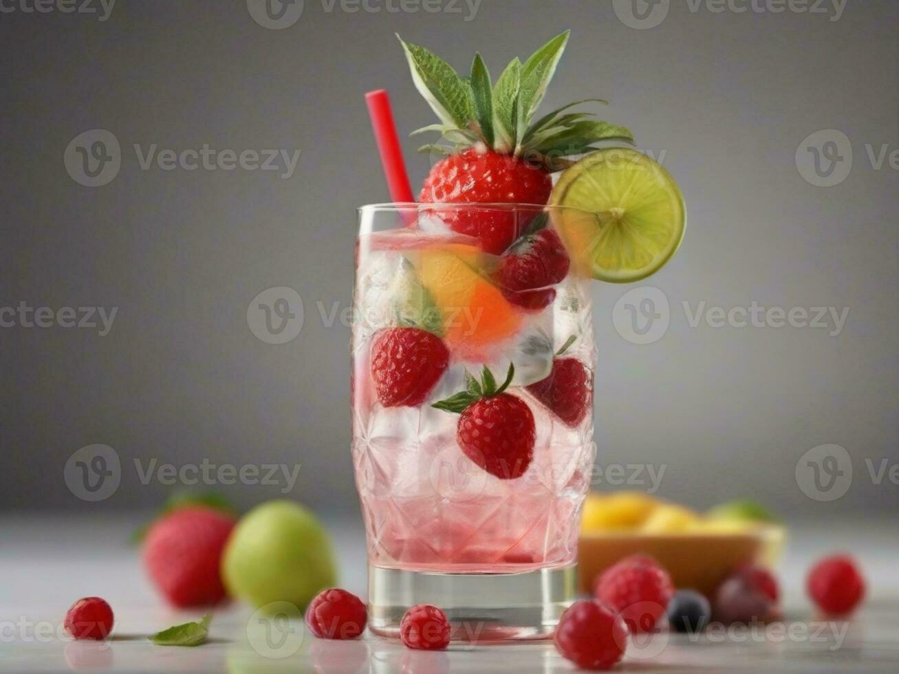 ai generado vaso de alcohol frío cóctel decorado con hielo, Fruta y menta quedarse en madera mesa. Fresco jugo en antecedentes con limón, fresa, Lima. foto