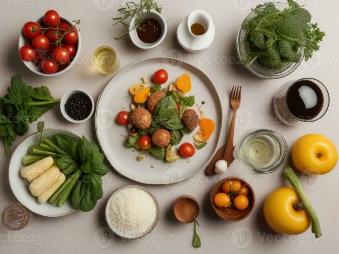 AI Generated flat lay heathy cooking. food in a plate photo