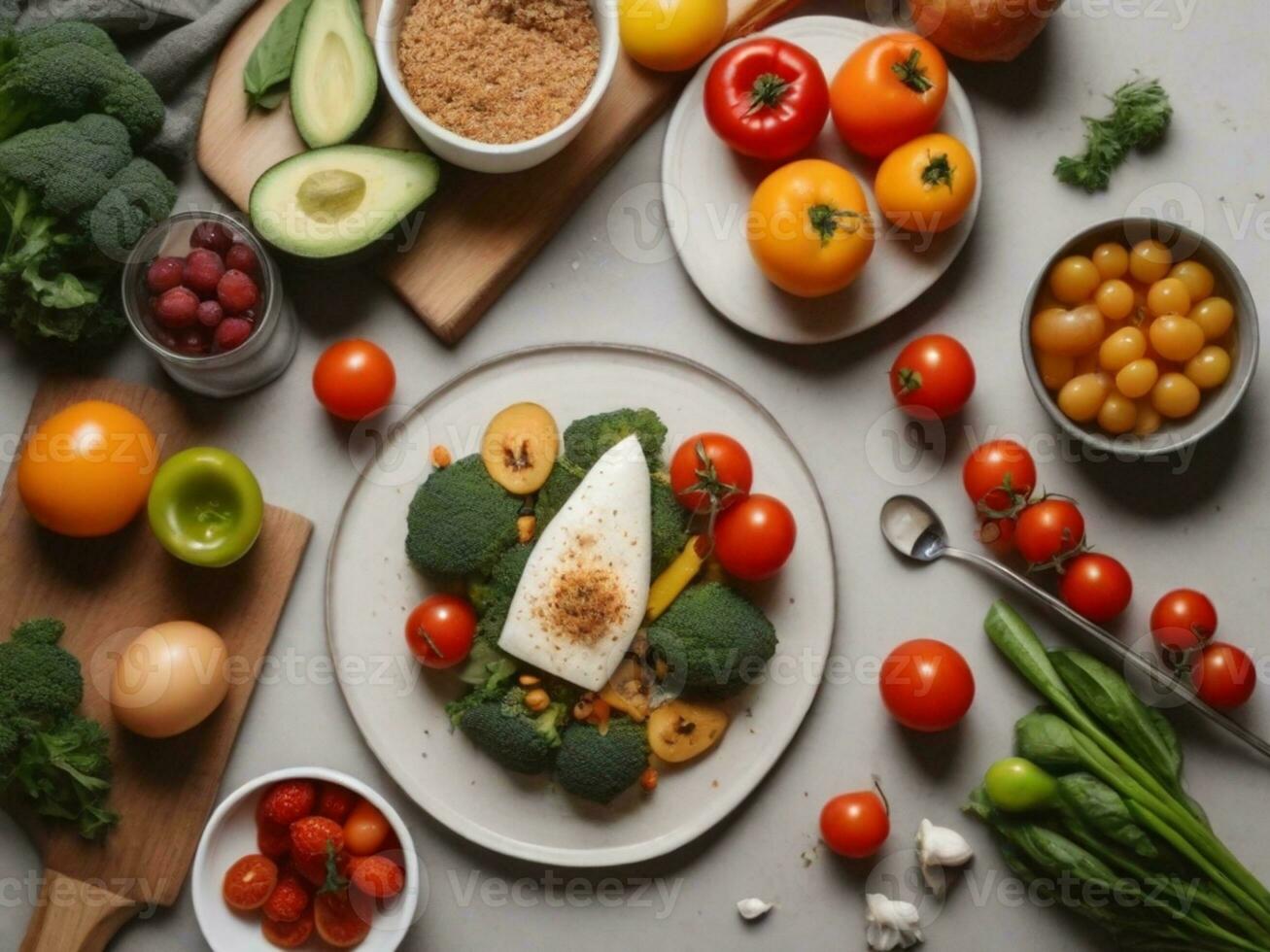 AI Generated flat lay heathy cooking. food in a plate photo
