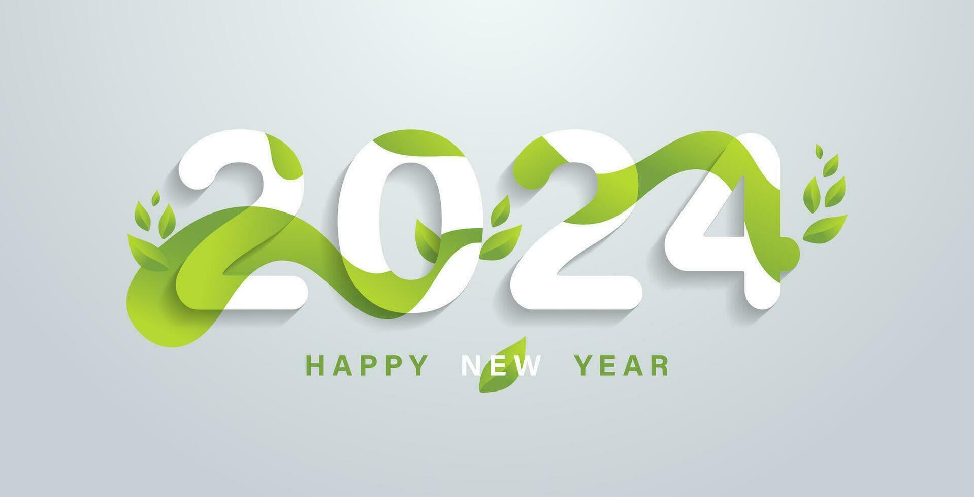contento 2024 nuevo año con natural verde hojas bandera. saludos y invitaciones, nuevo año Navidad simpático temática Felicidades, tarjetas y natural antecedentes. vector ilustración