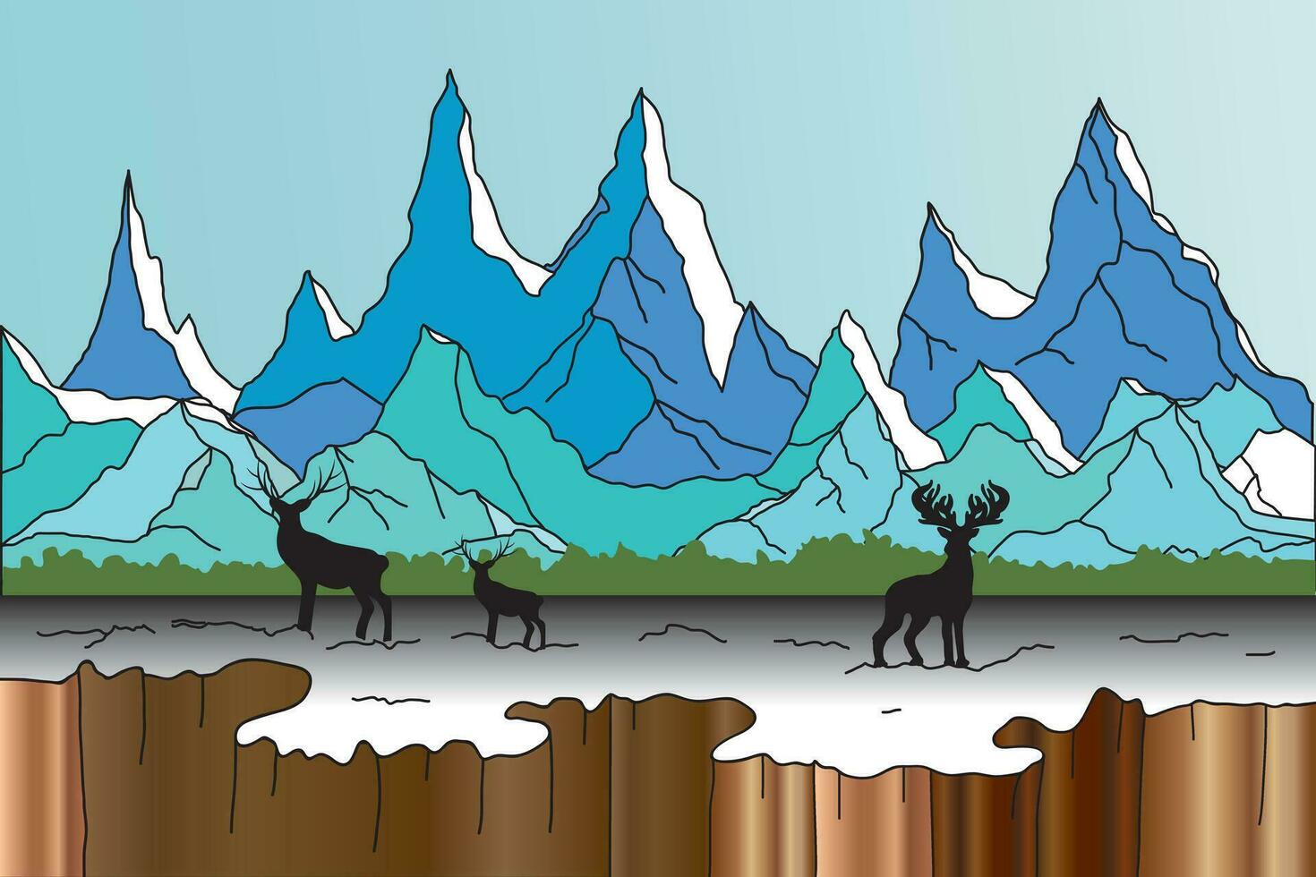 Abstract of silhouette deers and blue mountain with empty sky background. vector