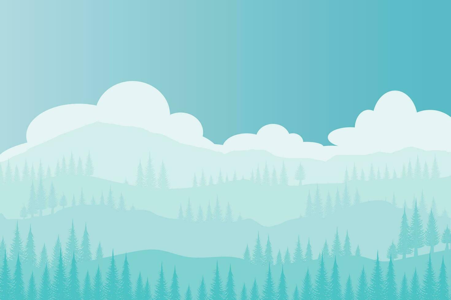 Illustrator of blue pine treea on mountain with clouds on sky background. vector