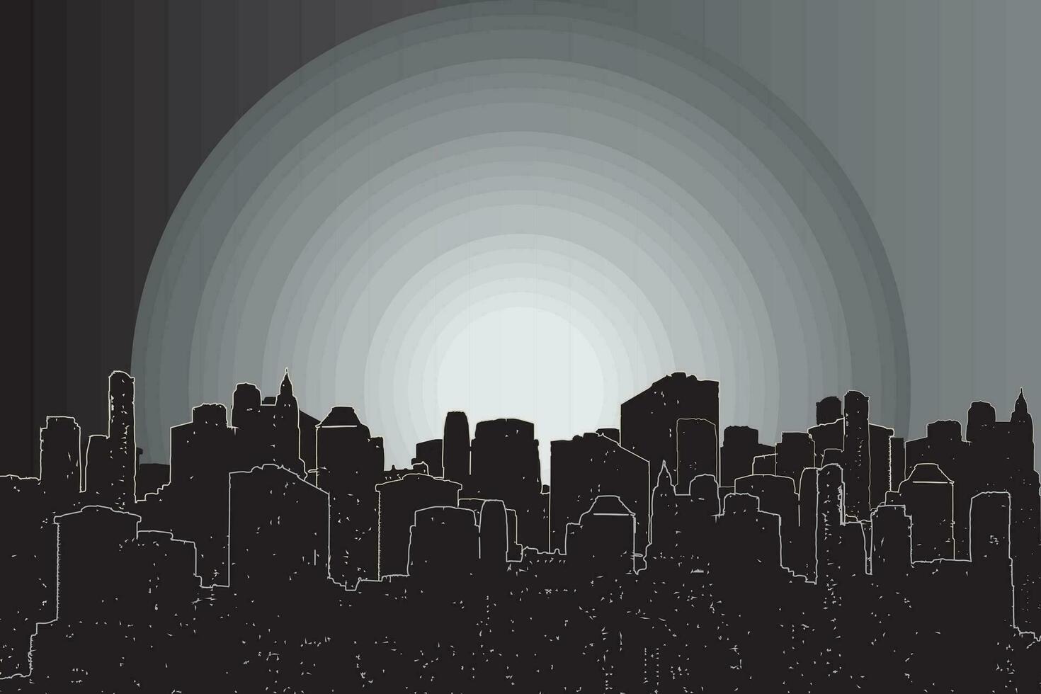 ilustración ver el silueta de paisaje urbano en gradación negro a gris antecedentes. vector