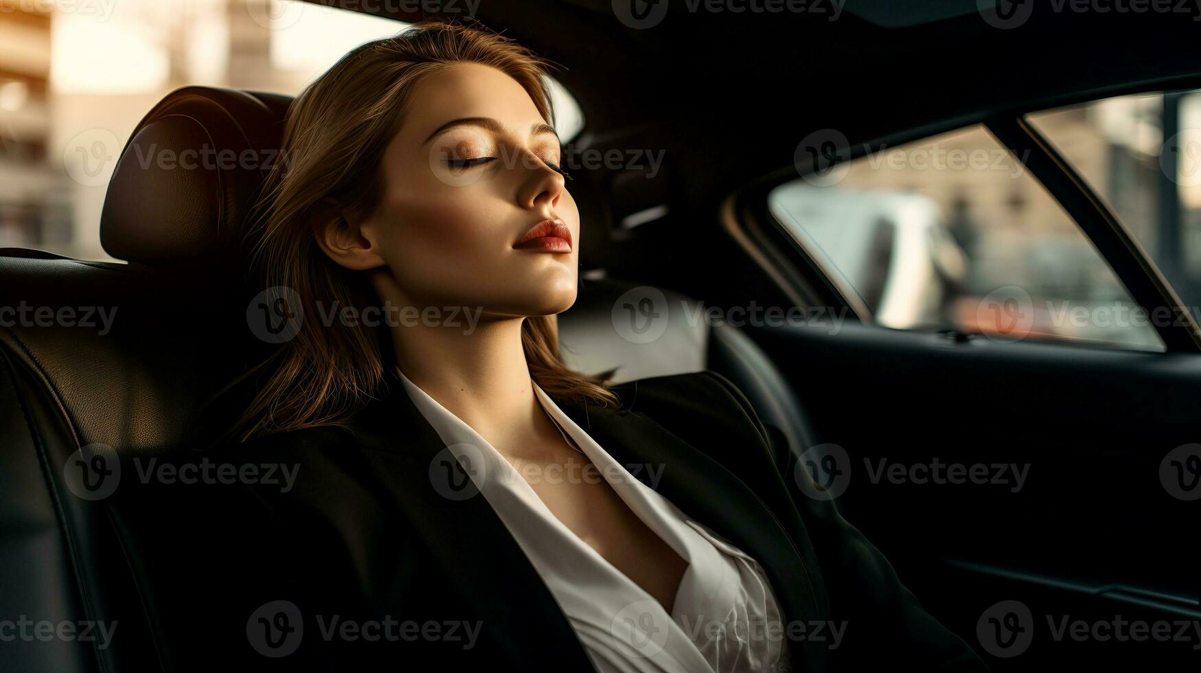 AI generated A fallen asleep businesswoman is resting in the back seat of a car. A beautiful woman has closed her eyes and is enjoying the ride in the car. photo