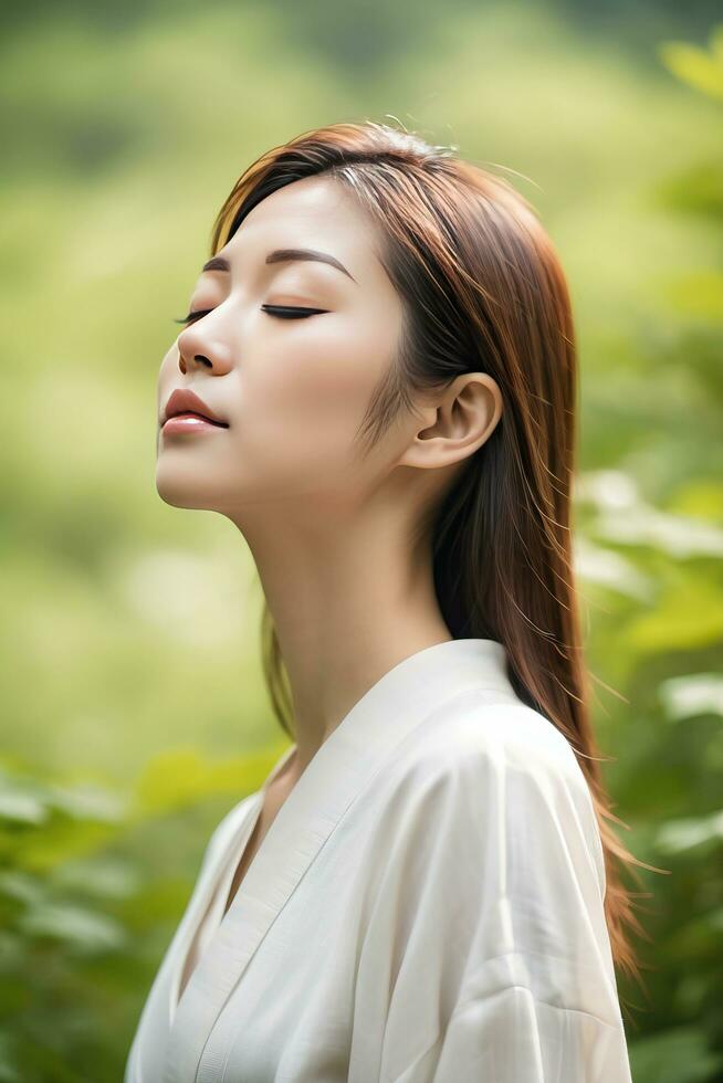 AI generated Beautiful woman with closed eyes on nature background photo