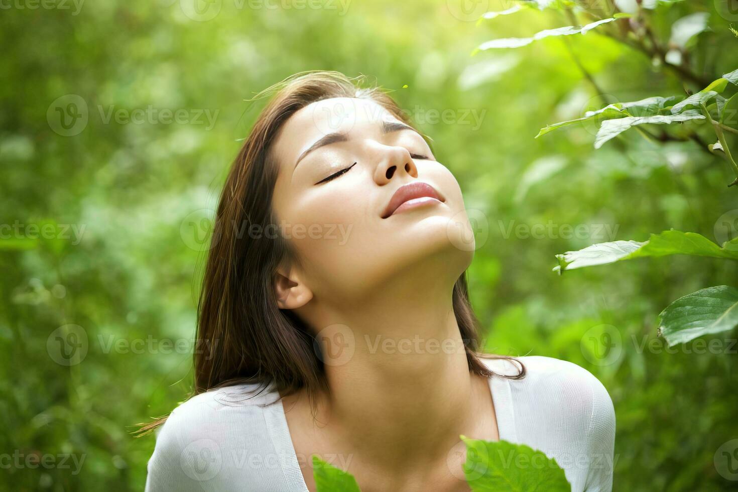 AI generated Beautiful woman with closed eyes on nature background photo
