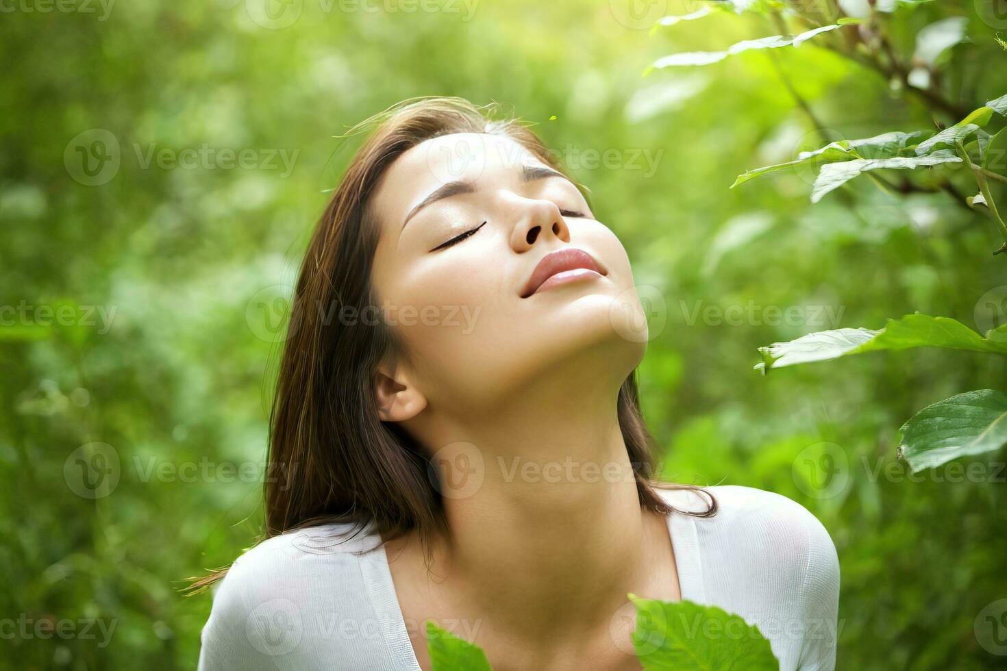 ai generado hermosa mujer con cerrado ojos en naturaleza antecedentes foto