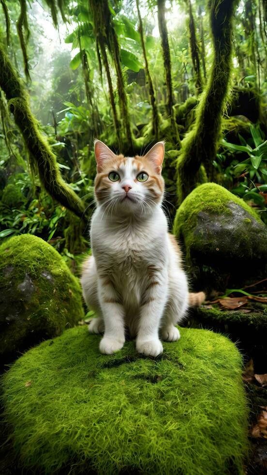 ai generado un linda gato en el bosque sentado en un cubierto de musgo rock foto