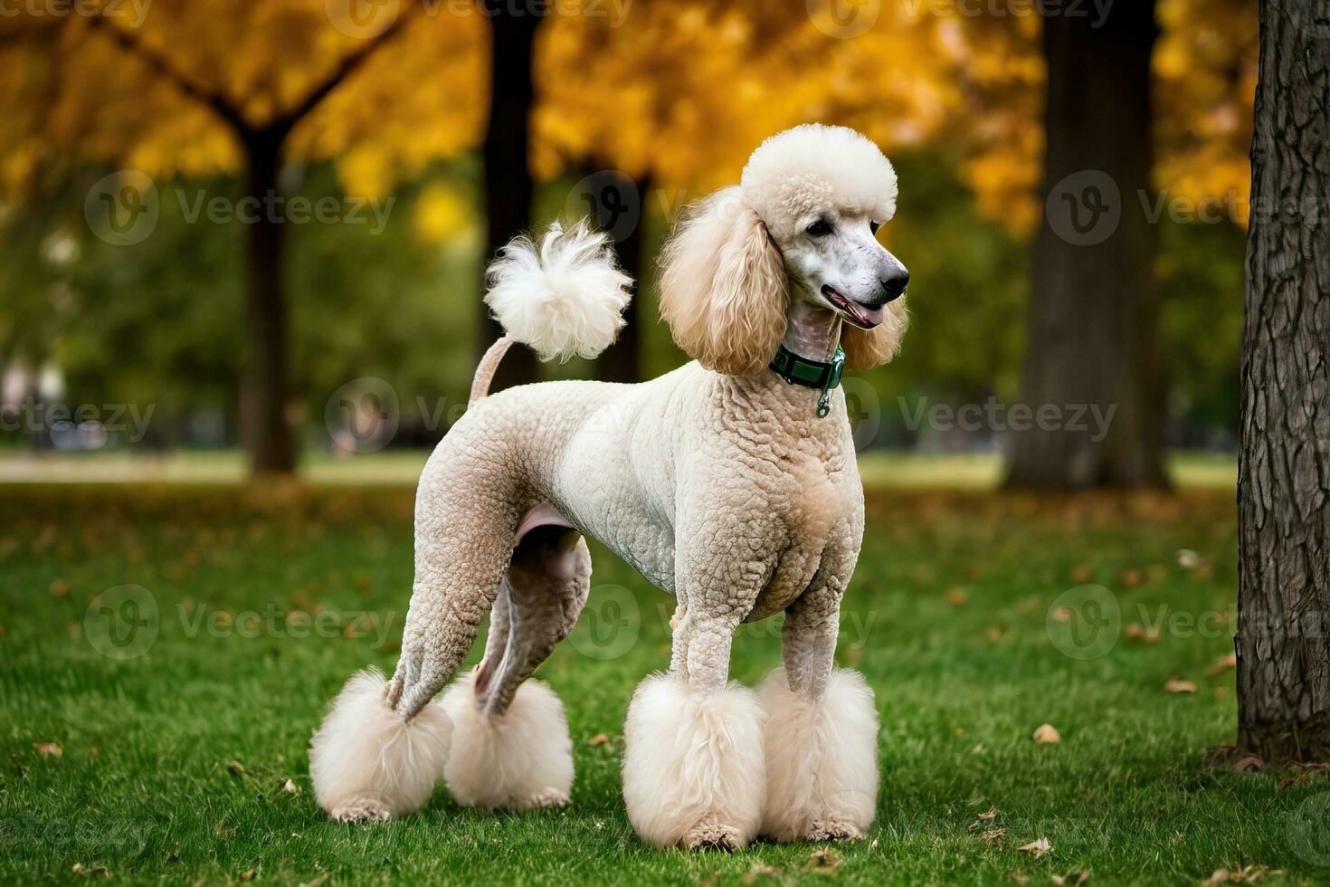 ai generado un estándar caniche en el parque con sus cola arriba foto