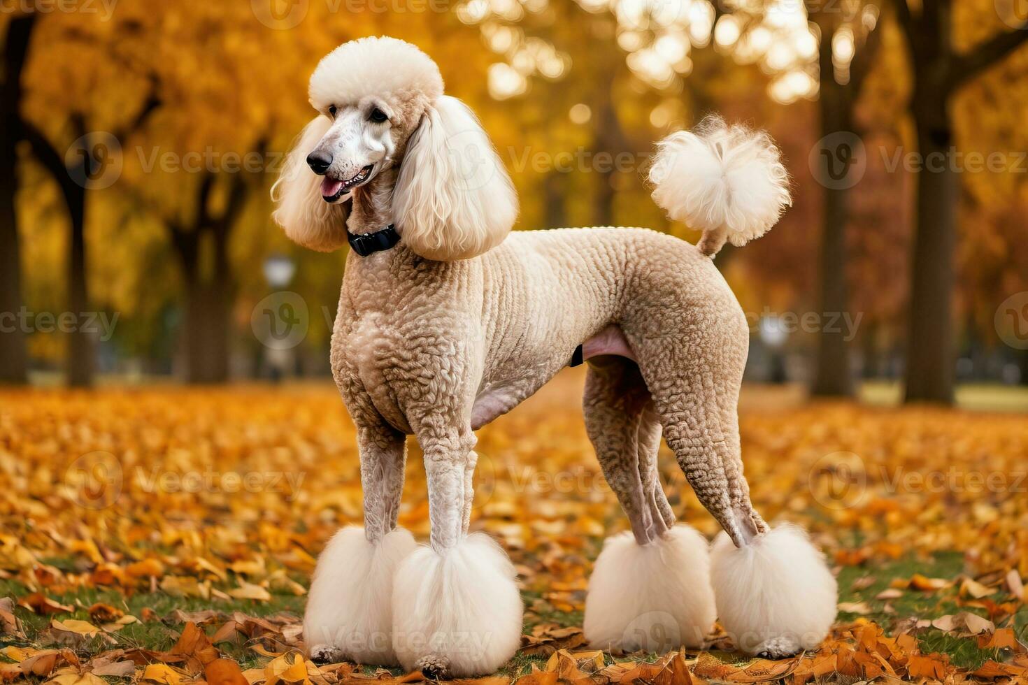 ai generado un estándar caniche en el parque con sus cola arriba foto