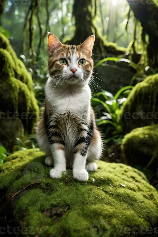 ai generado un linda gato en el bosque sentado en un cubierto de musgo rock foto