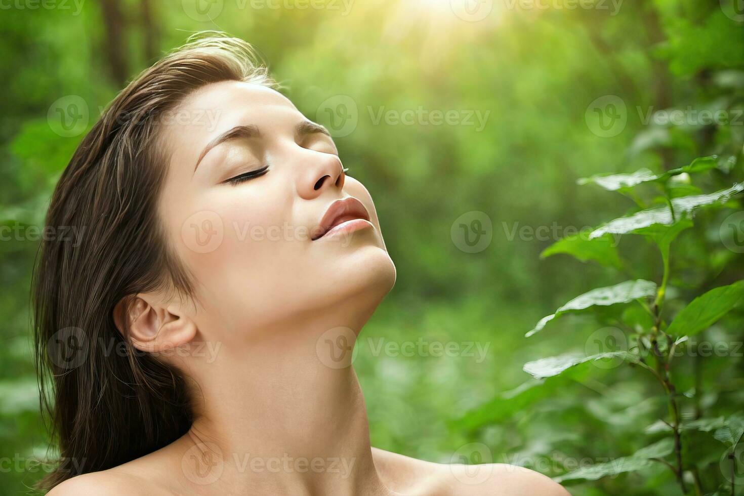 AI generated Beautiful woman with closed eyes on nature background photo
