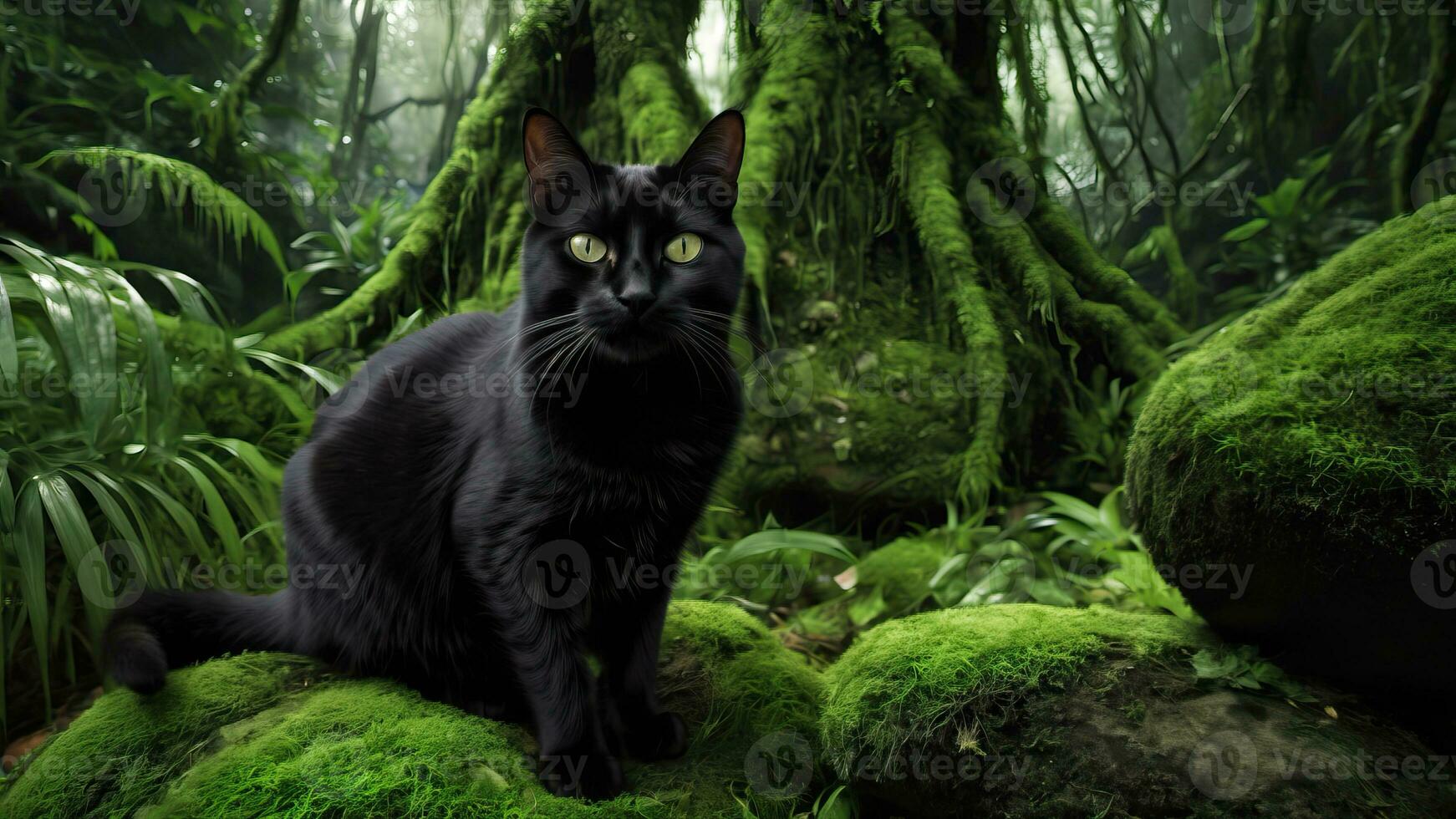 ai generado un linda negro gato en el bosque sentado en un cubierto de musgo rock foto