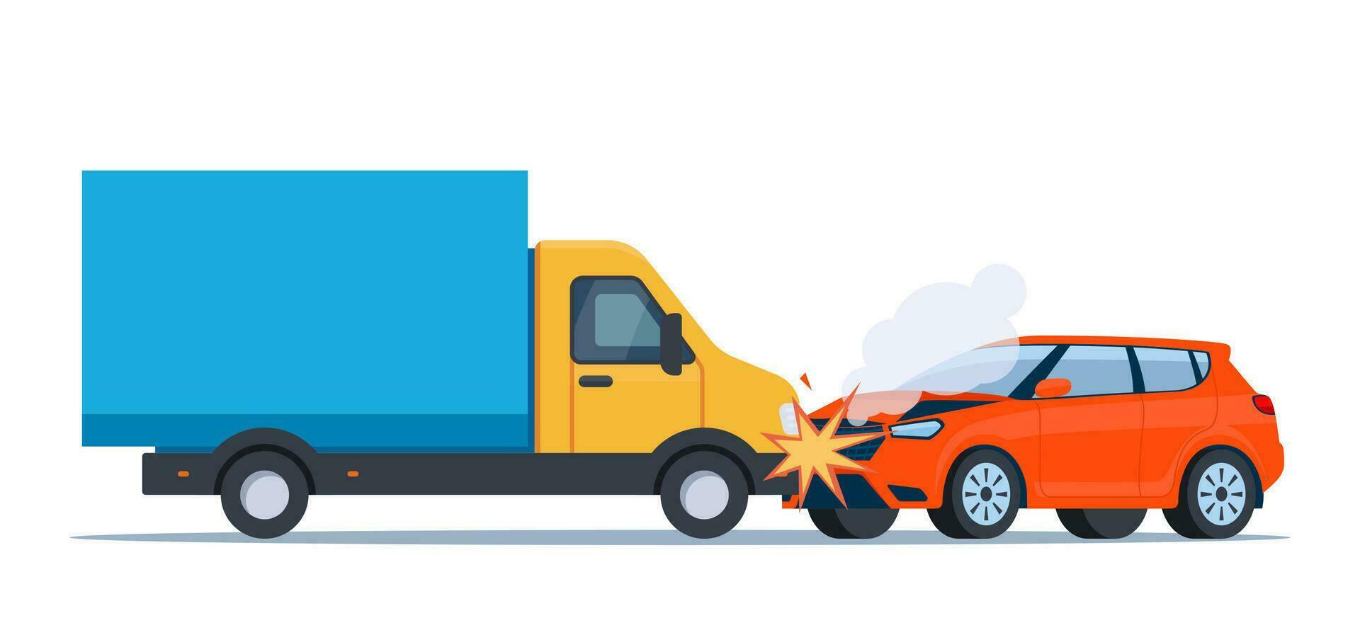 Car accident. Damaged transport on the road. Collision of lorry and car, side view. Damaged transport. Collision on road, safety of driving personal vehicles, car insurance. Vector illustration.