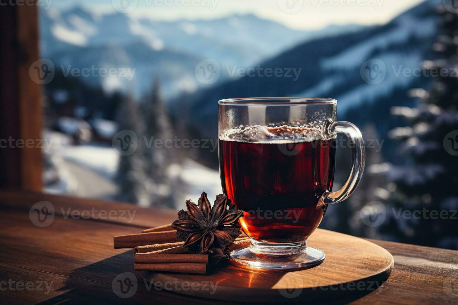 AI generated A glass of hot mulled wine with spices on a wooden tabletop with a view of the mountains. Generated by artificial intelligence photo