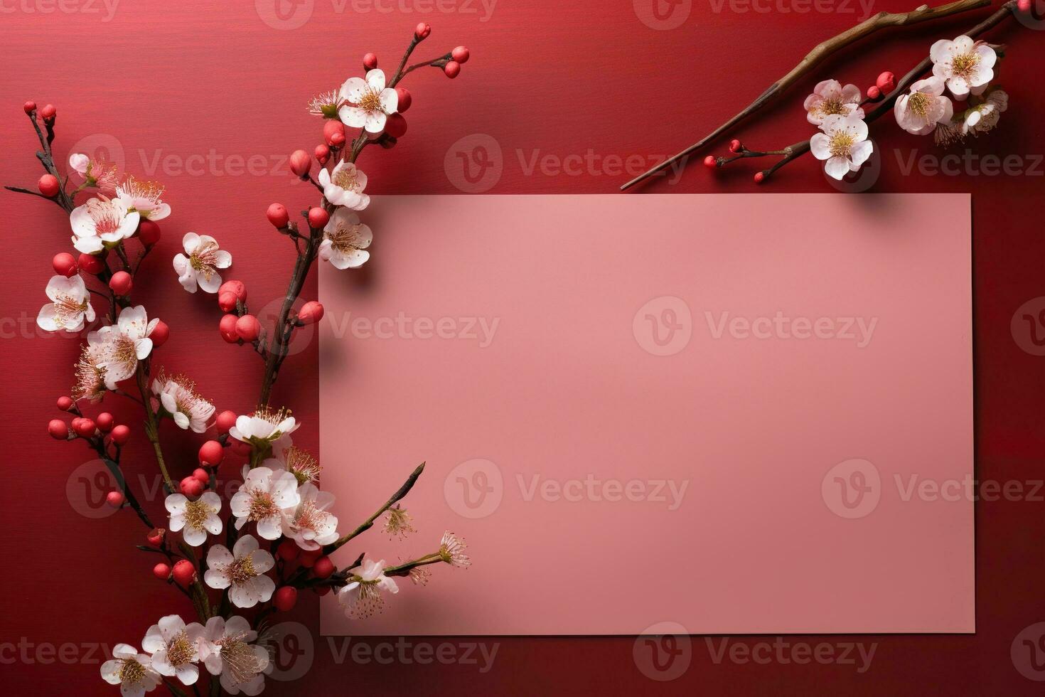 AI generated Blank sheet for congratulations with a sakura branch on red background. Congratulatory background photo