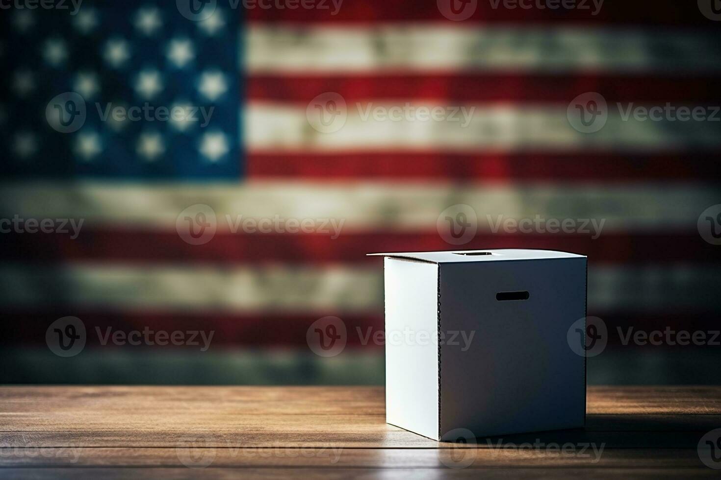 AI generated Ballot box on a wooden table with a blurred usa flag in the background. Generative AI photo