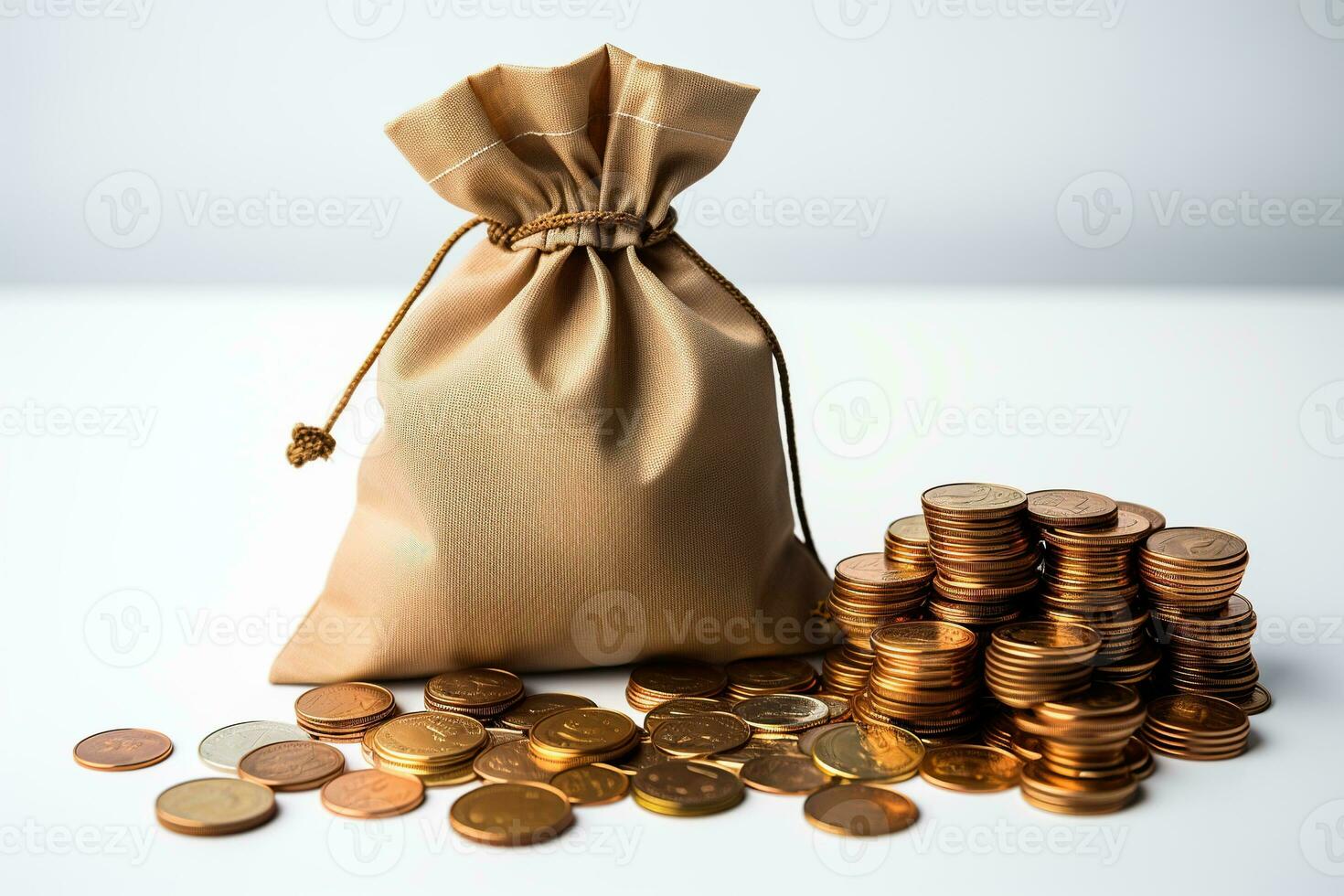 AI generated A stack of gold coins and a bag on a white background. Profit making concept. Successful business. Generated by artificial intelligence photo