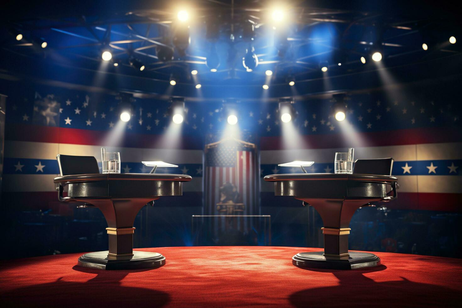 AI generated Wooden stands with debate microphones in a brightly lit studio. Political debates before the US elections. Generative AI photo