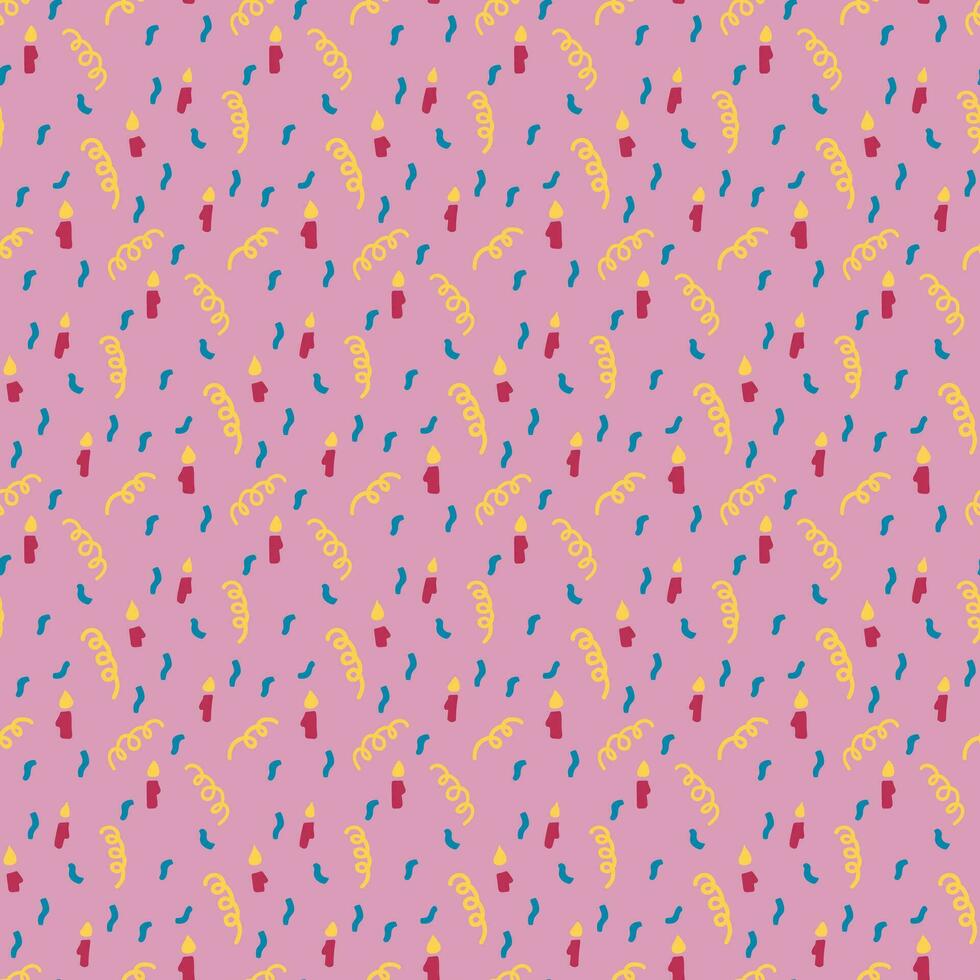 Childish birthday seamless pattern with candles and confetti. Hand drawn elements in childish minimalistic style. Trendy print design for textile, wallpaper, interior decoration vector