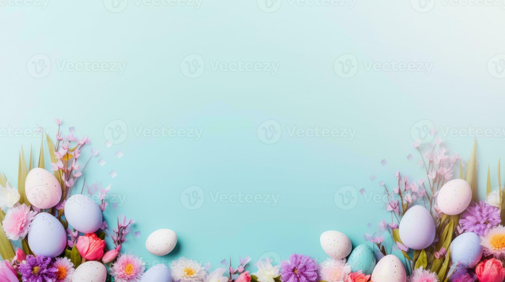 ai generado ai generativo ilustración de un primavera Pascua de Resurrección antecedentes en ligero azul con pequeño Pascua de Resurrección huevos y flores decorado foto