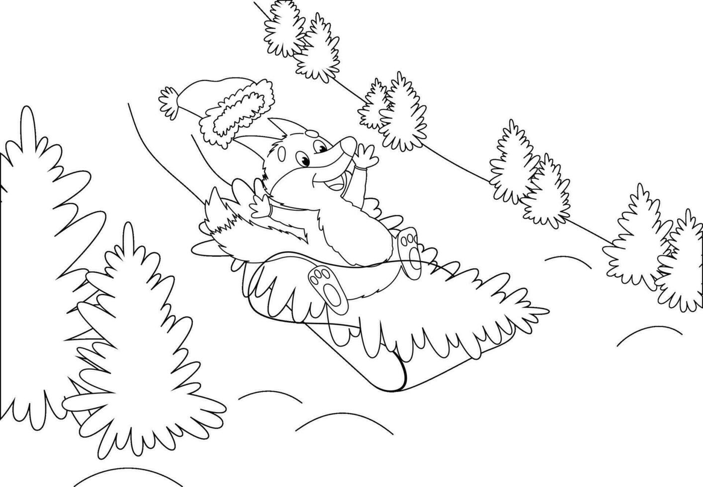 Coloring page with a little fox rolling down the mountain on a sled and carrying a Christmas tree vector