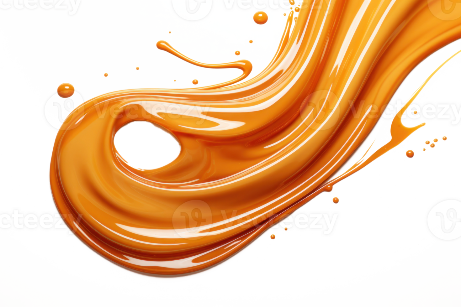 AI generated Splash of melted caramel sauce isolated on transparent background. Brown toffee wave splashing with droplets. Tasty confectionary png