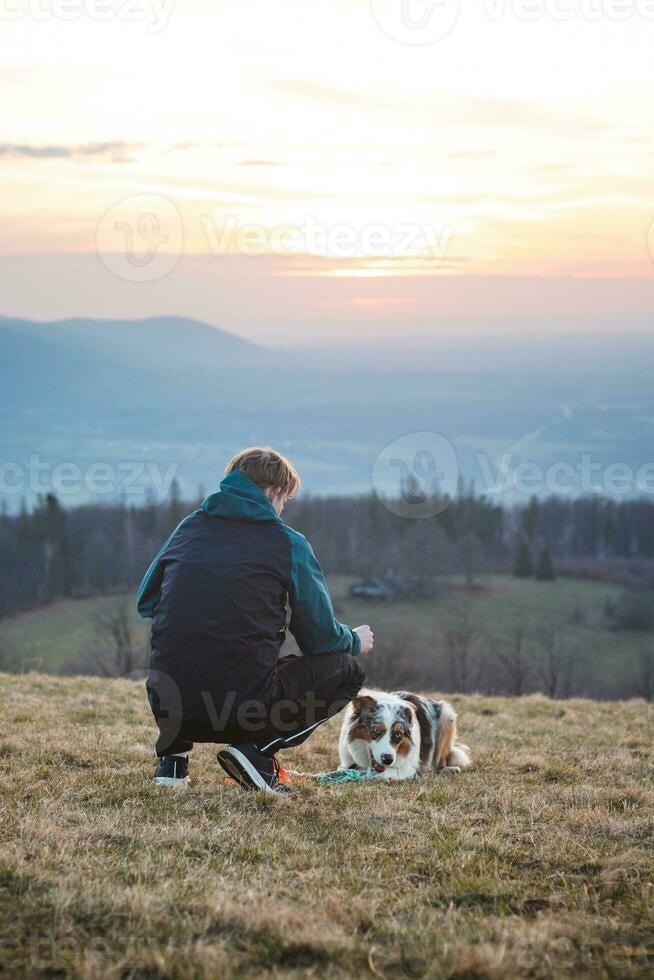Young cynologist, a dog trainer trains a four-legged pet Australian Shepherd in basic commands using treats. Love between dog and human photo