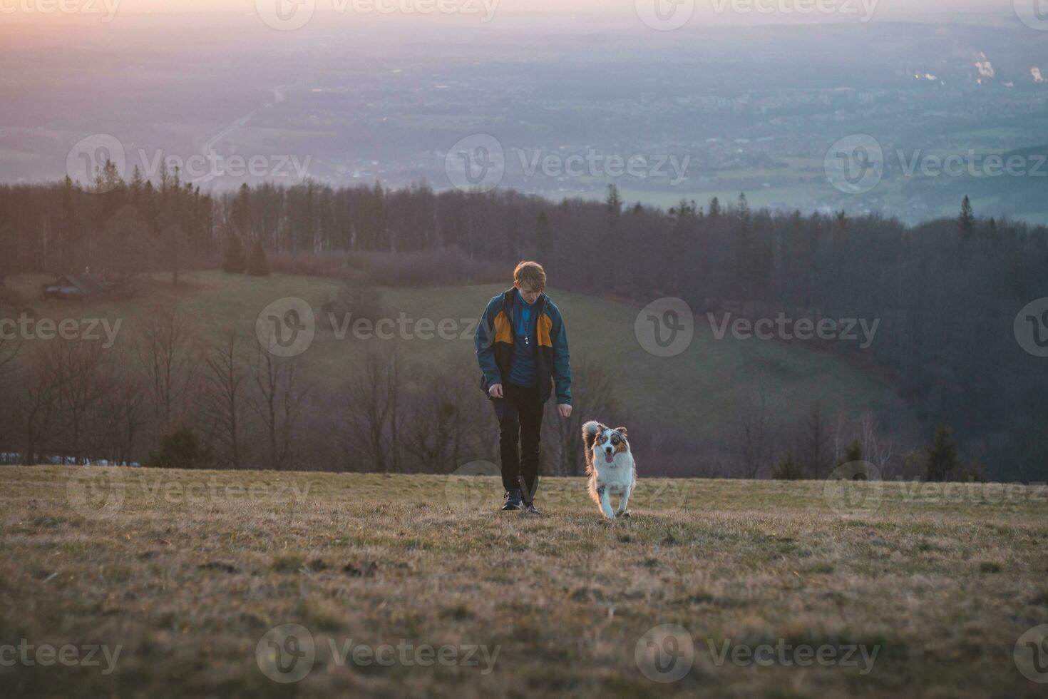 Young cynologist, a dog trainer trains a four-legged pet Australian Shepherd in basic commands using treats. Love between dog and human photo