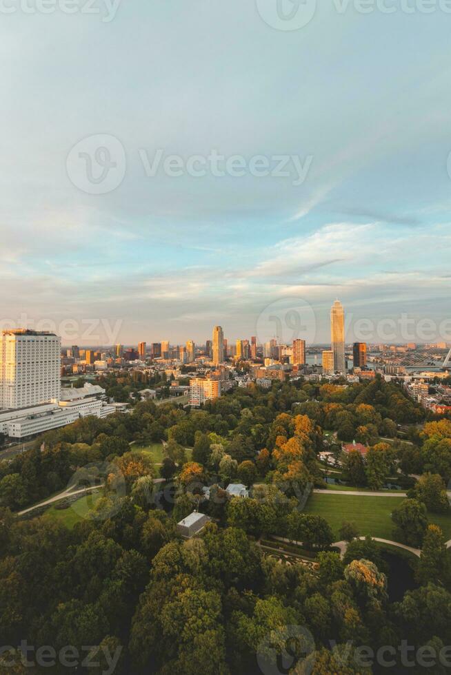 puesta de sol terminado Rotterdam ciudad centrar y sus rodeando parque. puesta de sol en uno de el más moderno ciudades en el Países Bajos foto