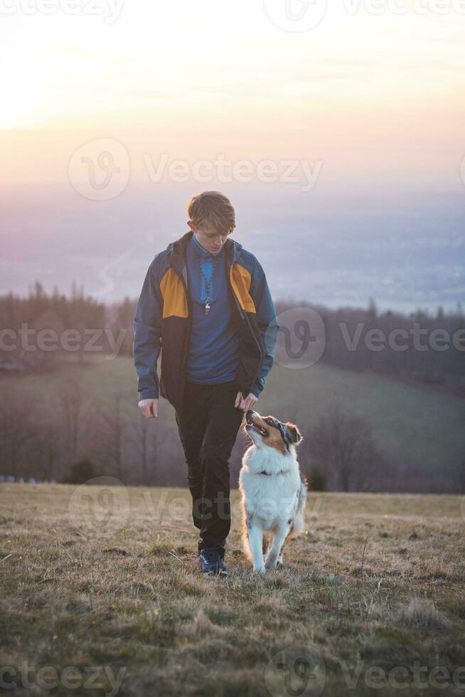 joven cinólogo, un perro entrenador trenes un de cuatro patas mascota australiano pastor en básico comandos utilizando golosinas amor Entre perro y humano foto