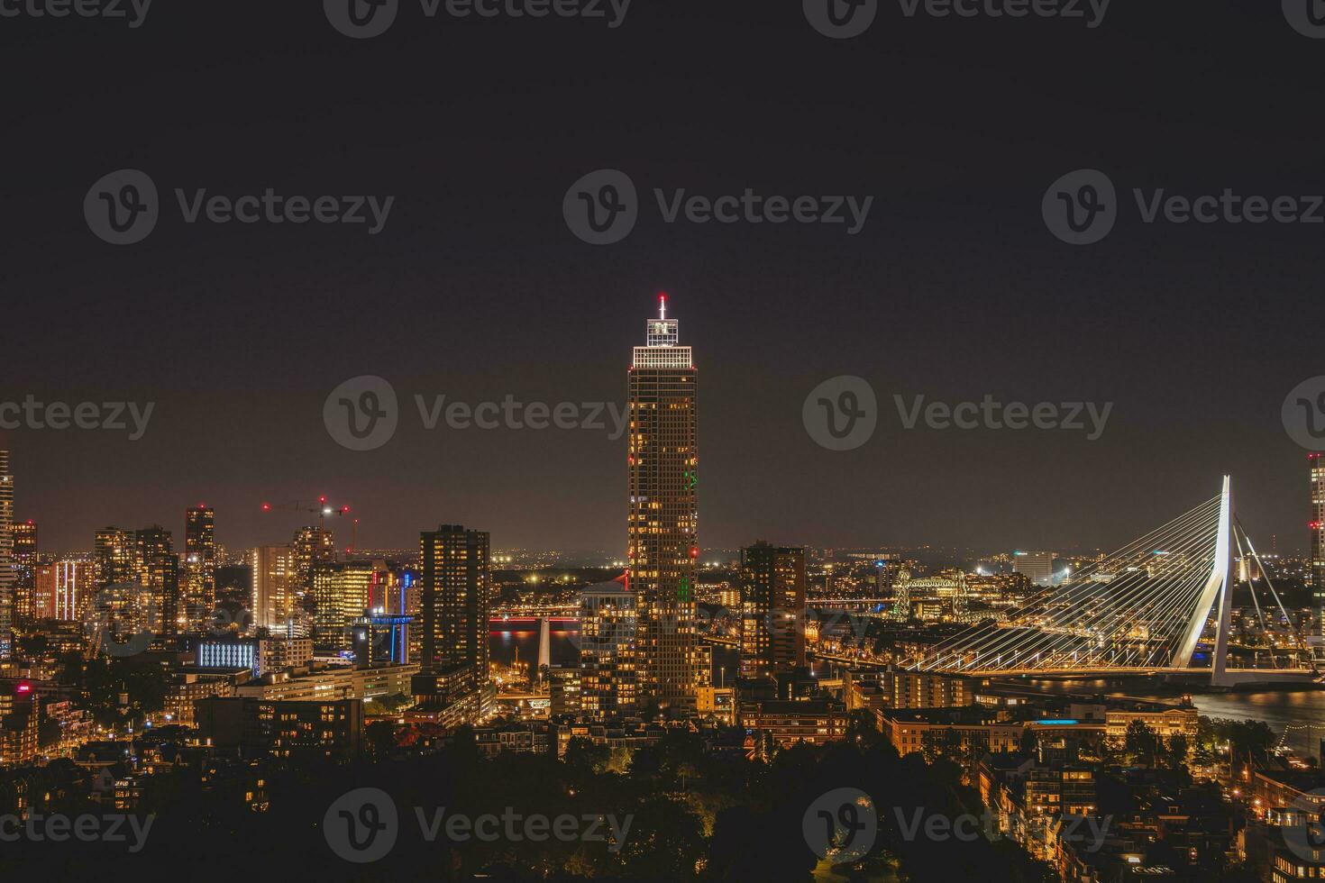 Night aerial view of the sleepless city of Rotterdam and architectural buildings. Glowing skyscrapers and the famous Erasmusbrug bridge. The modern city of the Netherlands photo