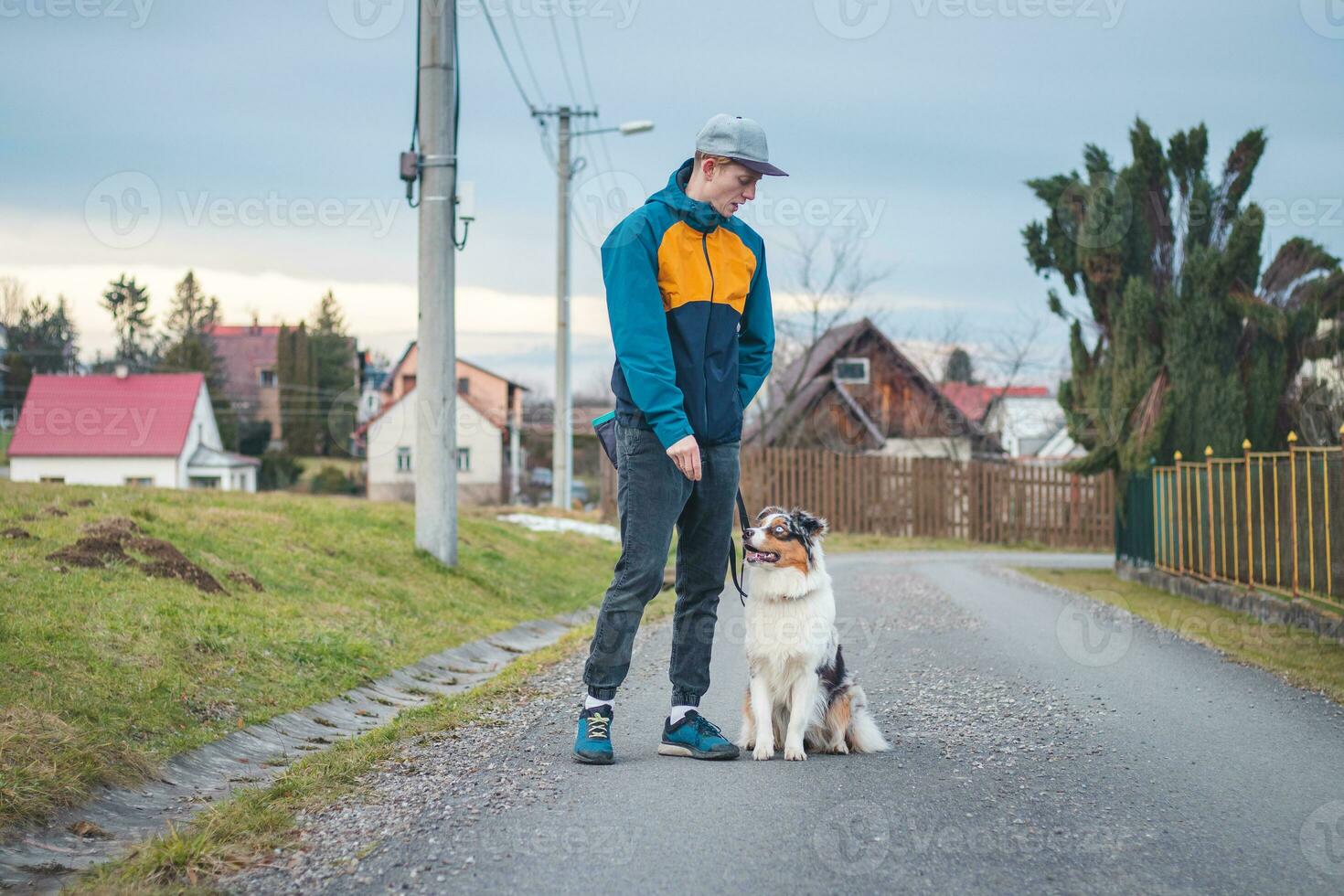 Young cynologist, a dog trainer trains a four-legged pet Australian Shepherd in basic commands using treats. Love between dog and human. Cuteness photo