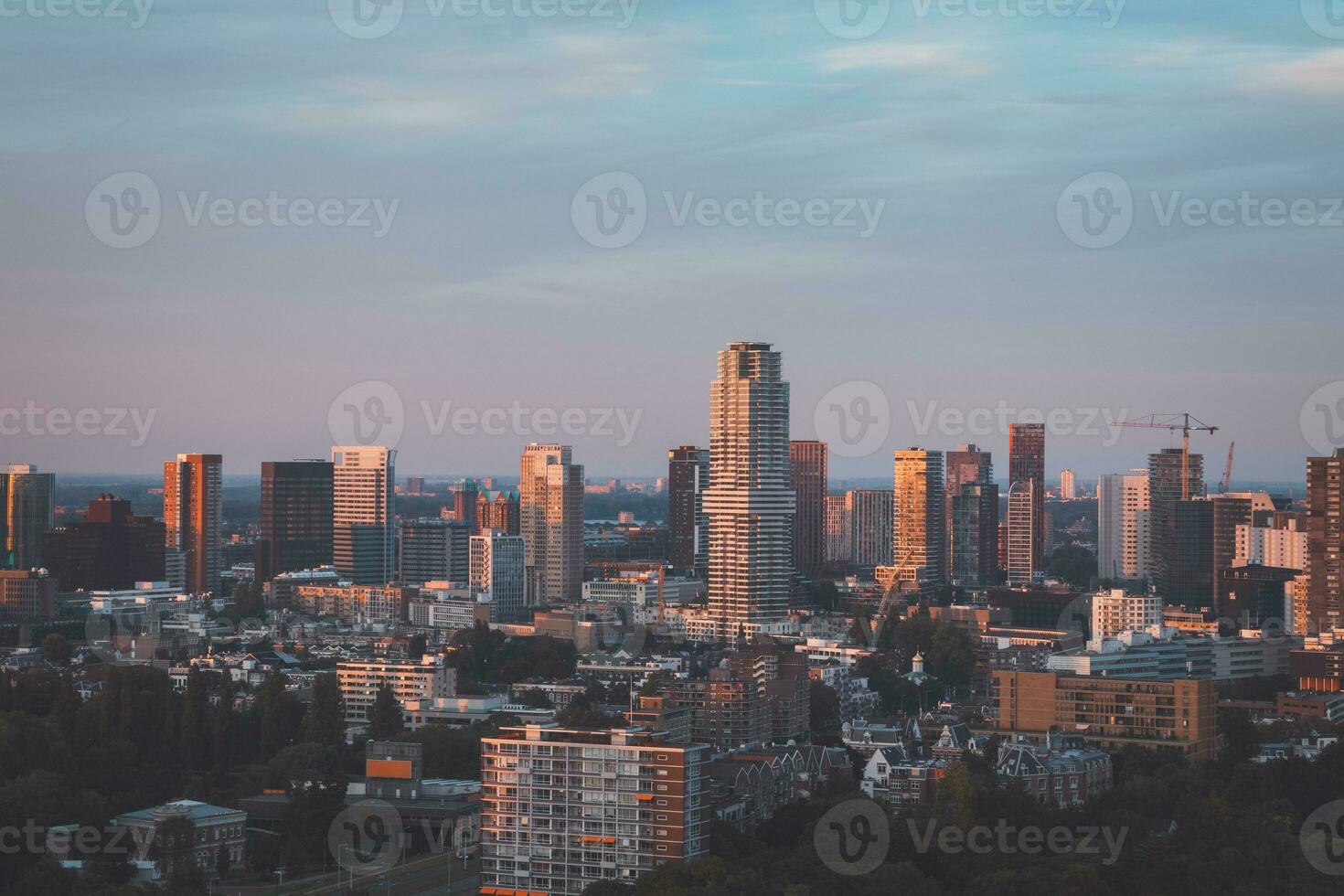 Sunset over Rotterdam city centre and its surrounding park. Sunset in one of the most modern cities in the Netherlands photo