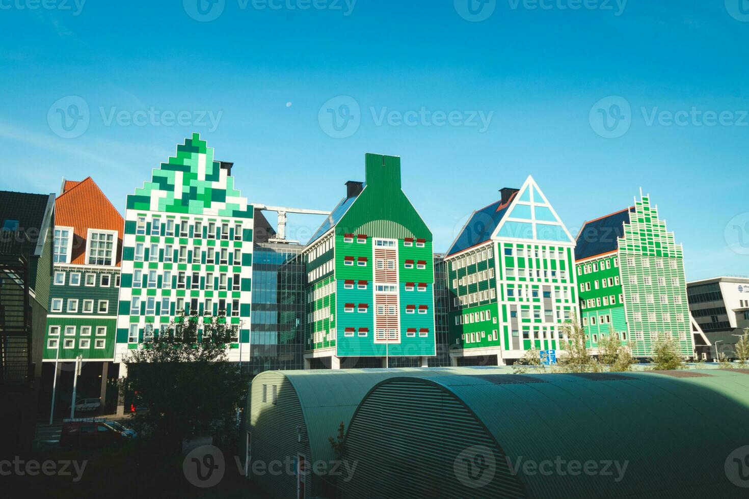 Colourful and unusual houses in Zaandam. Fairytale buildings with childish motifs. Unique Dutch architecture photo