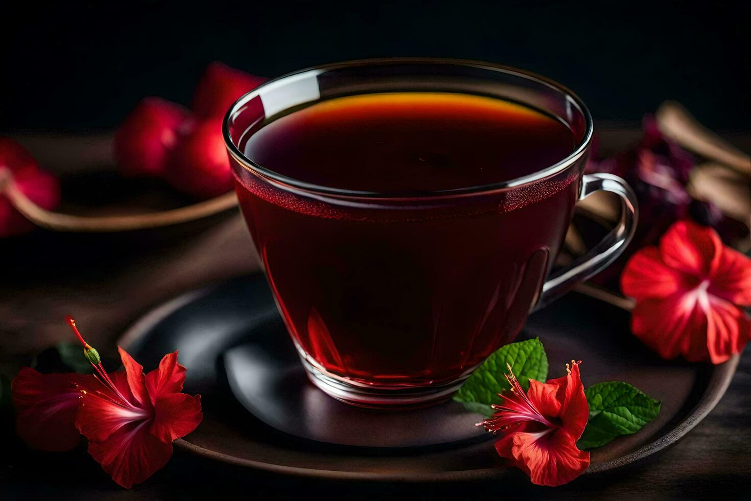 ai generado un taza de té con rojo flores en un oscuro antecedentes foto