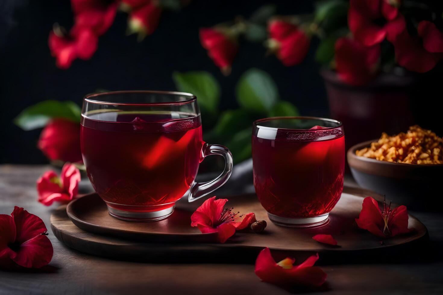 ai generado rojo té con flores en un de madera mesa foto