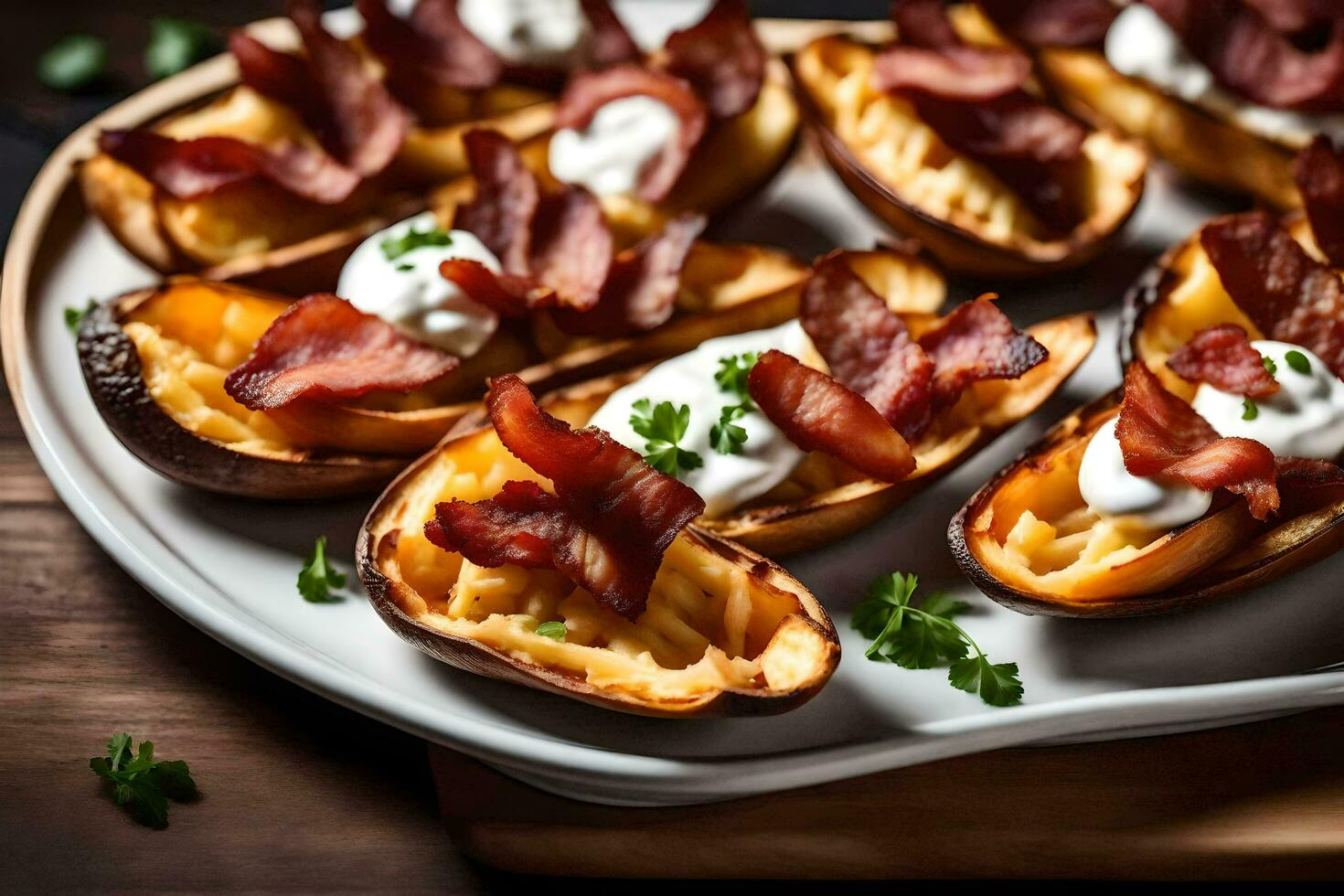 AI generated bacon and cheese stuffed potato skins on a plate photo