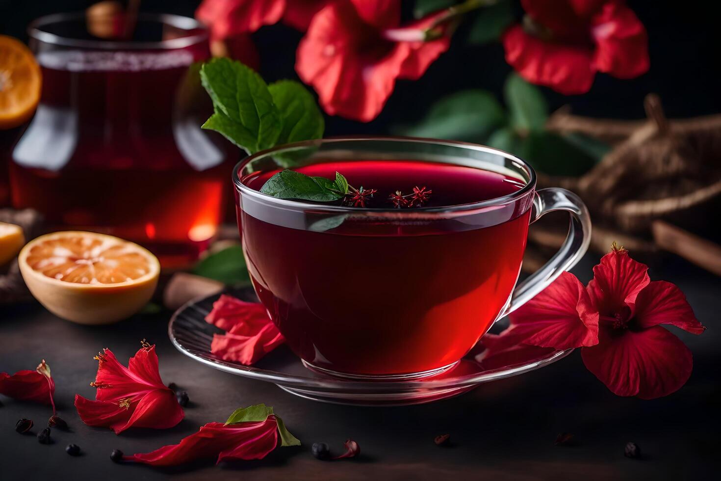 ai generado rojo té con hibisco flores y naranja rebanadas en un oscuro antecedentes foto