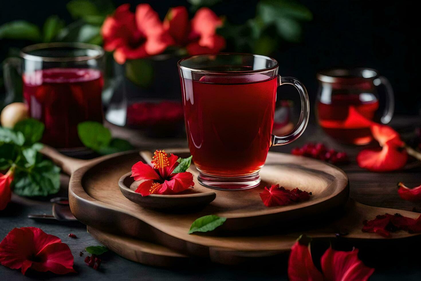 ai generado rojo té con flores y hojas en un de madera plato foto