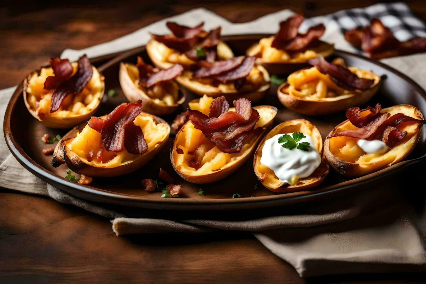 AI generated baked potato skins with bacon and sour cream photo