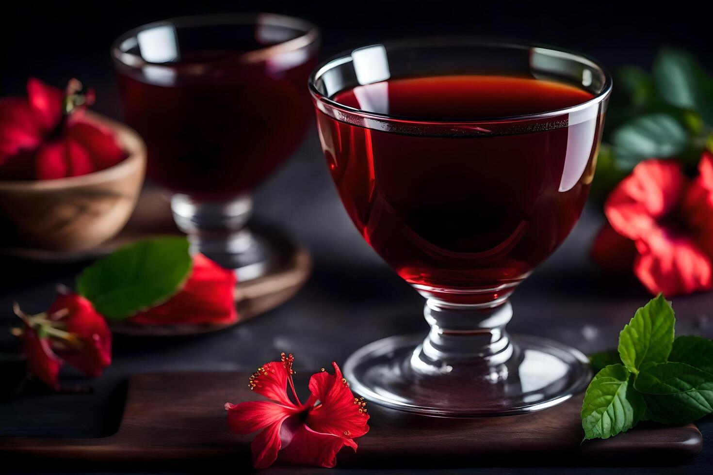 AI generated two glasses of red wine with flowers on a dark table photo