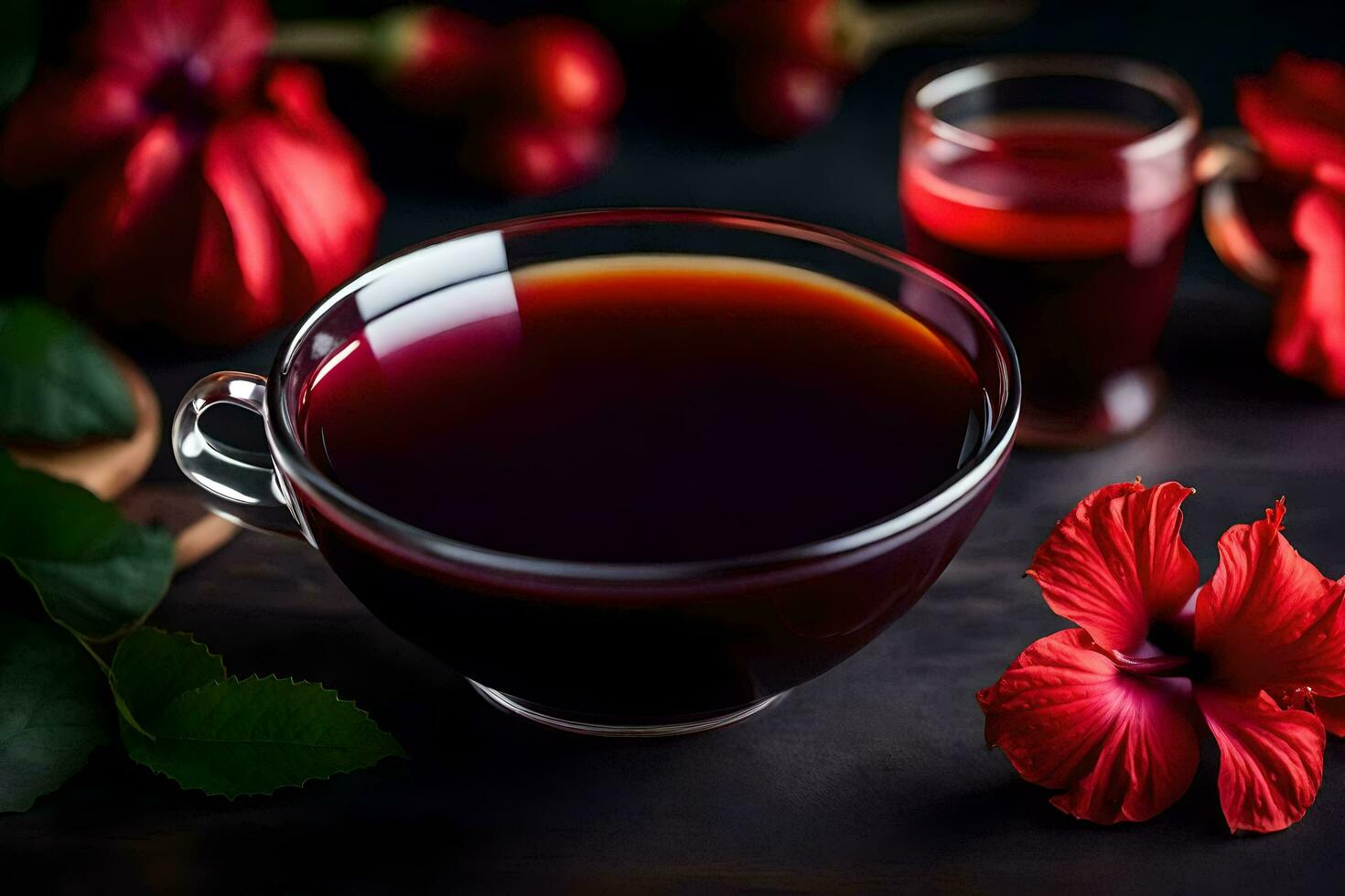 ai generado un taza de té con rojo flores y un vaso de rojo líquido foto