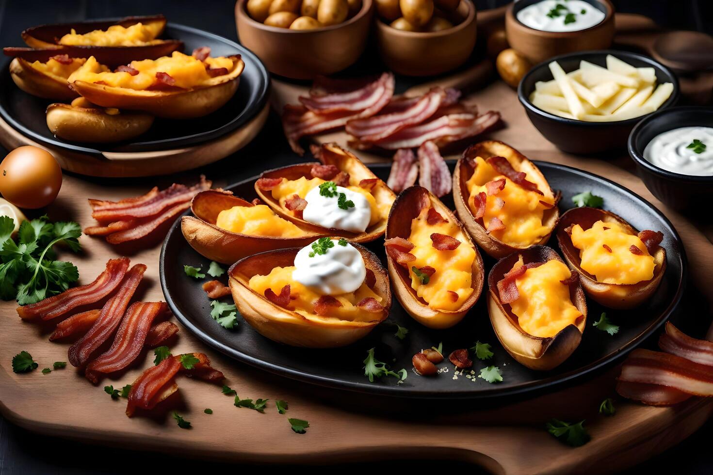 AI generated baked potatoes with bacon and cheese on a plate photo