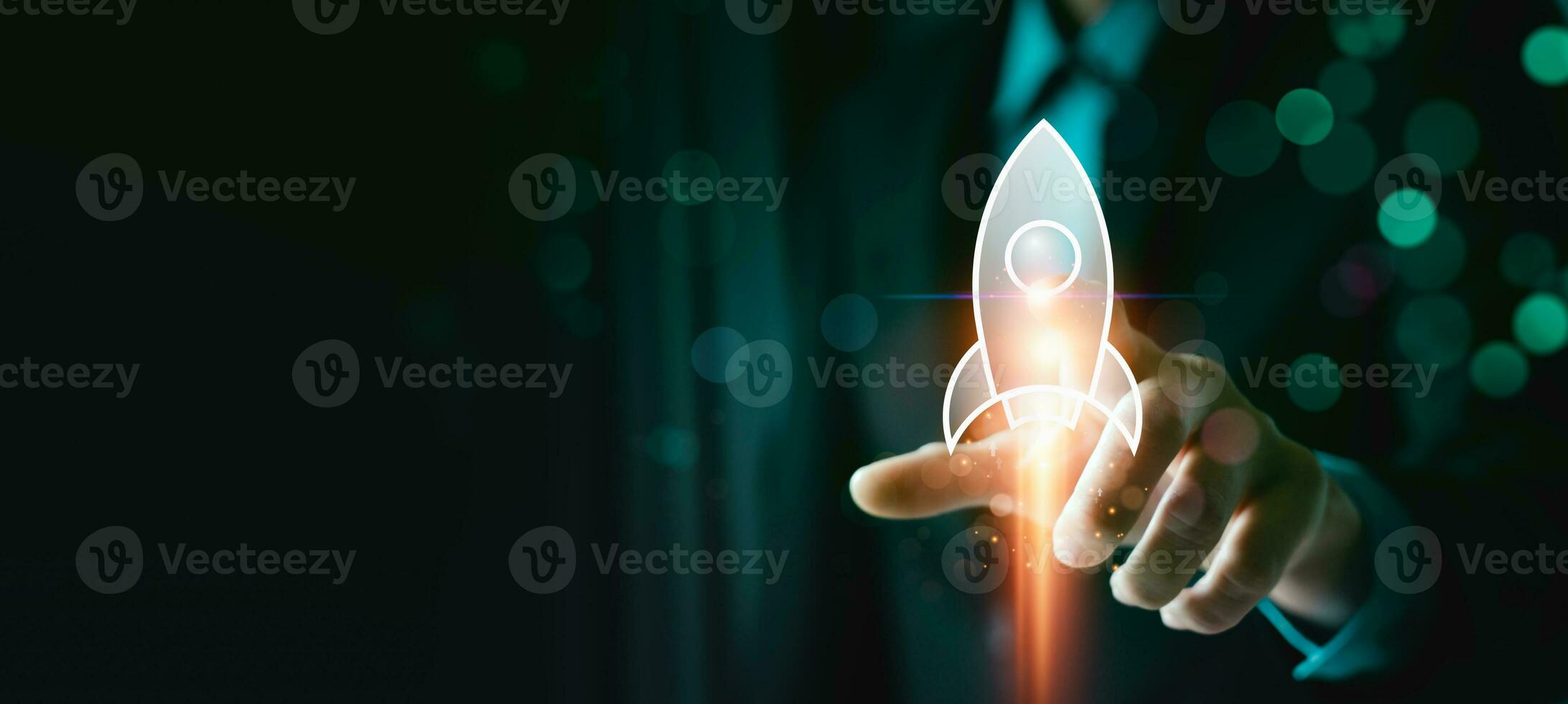 Startup business concept, rocket is launching and flying from hand to sky for growing business, fast business success. startup founder, network connection, idea generation, digital marketing photo