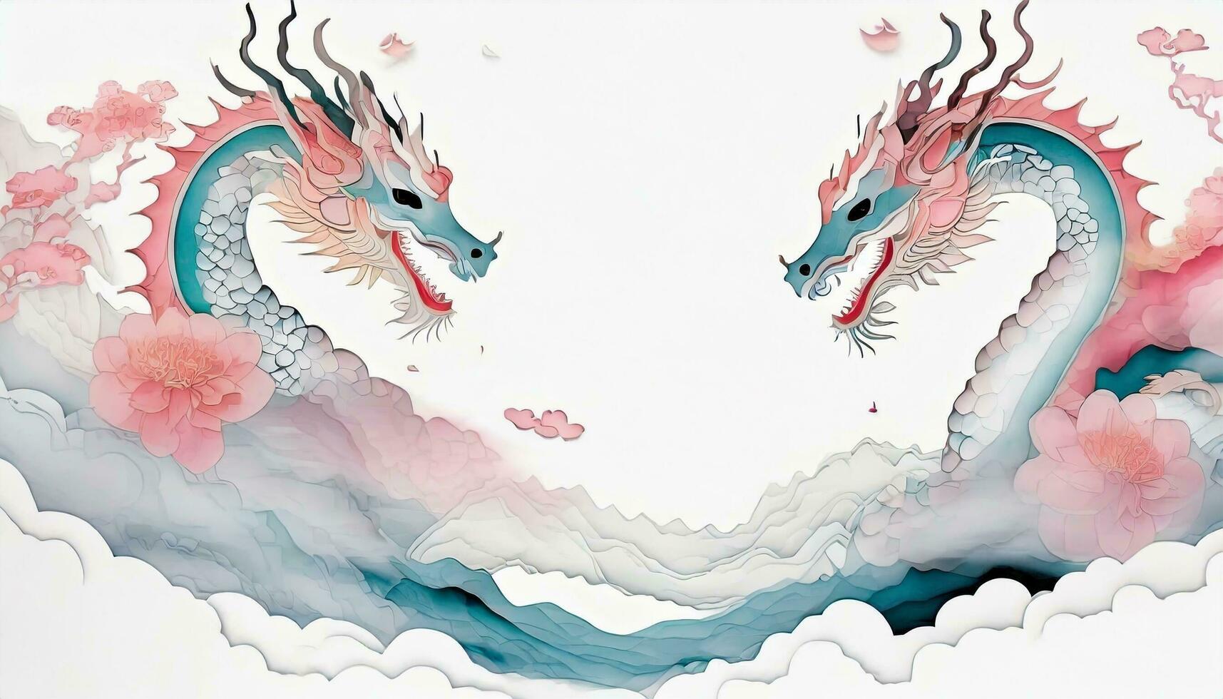 AI generated 2024 Chinese New Year Banner Year of the Dragon Template Design featuring Dragons, Clouds, and Flowers in the Background. photo