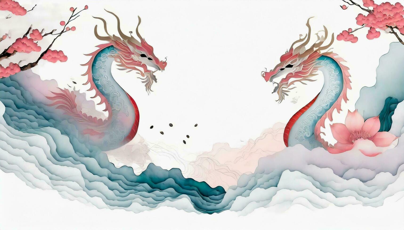 AI generated 2024 Chinese New Year Banner Year of the Dragon Template Design featuring Dragons, Clouds, and Flowers in the Background. photo