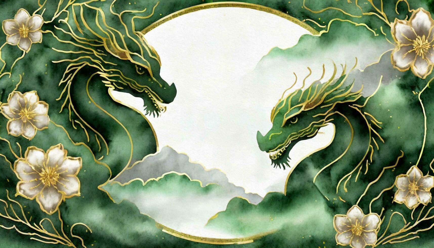 AI generated 2024 Chinese New Year Banner. Year of the Dragon Template Design, adorned with Dragons, Clouds, and Flowers on a Watercolor Background. photo