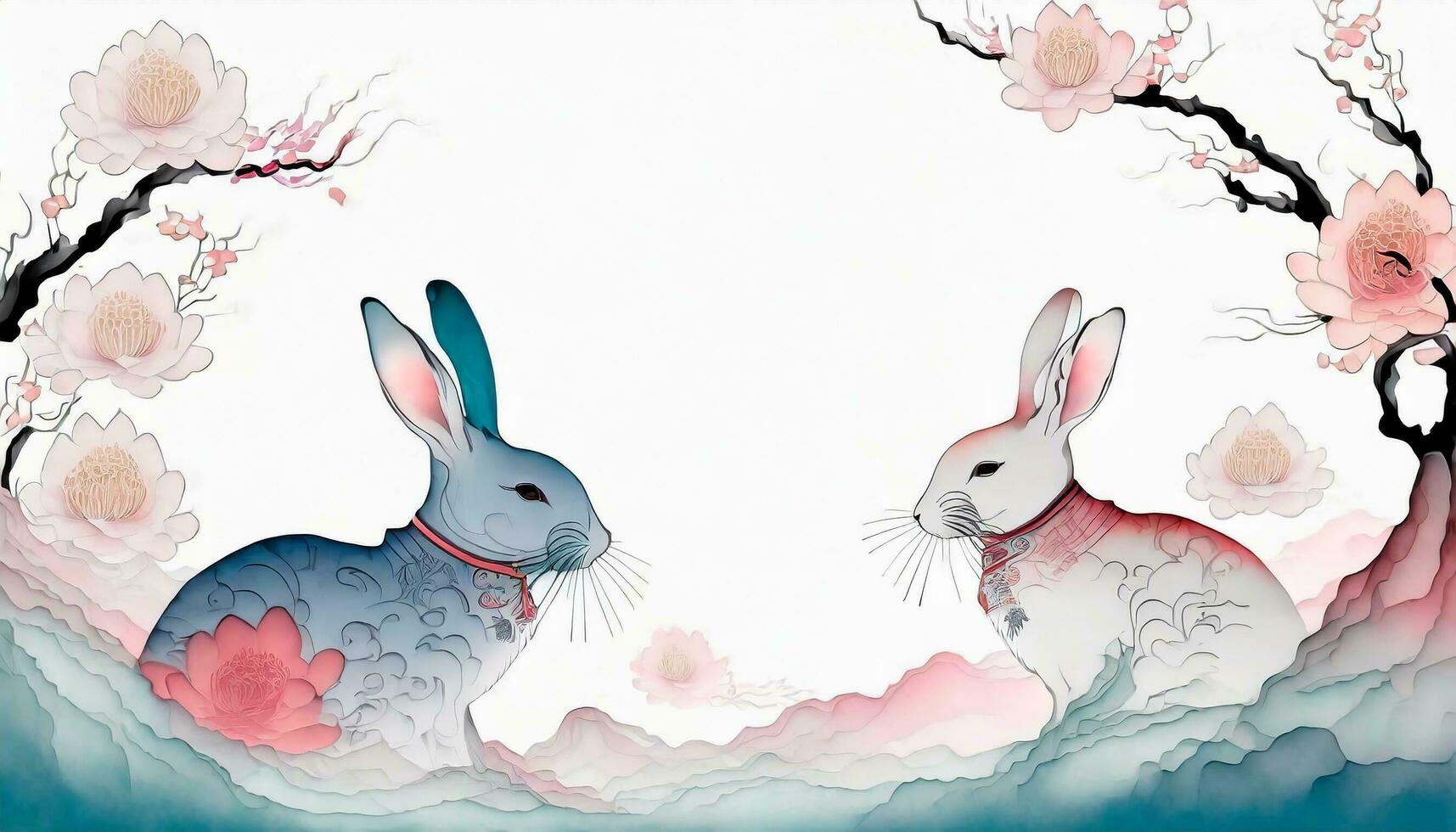 AI generated 2024 Chinese New Year Banner. Year of the Rabbit Template Design with Adornments of Rabbits and Flowers on a Background. photo