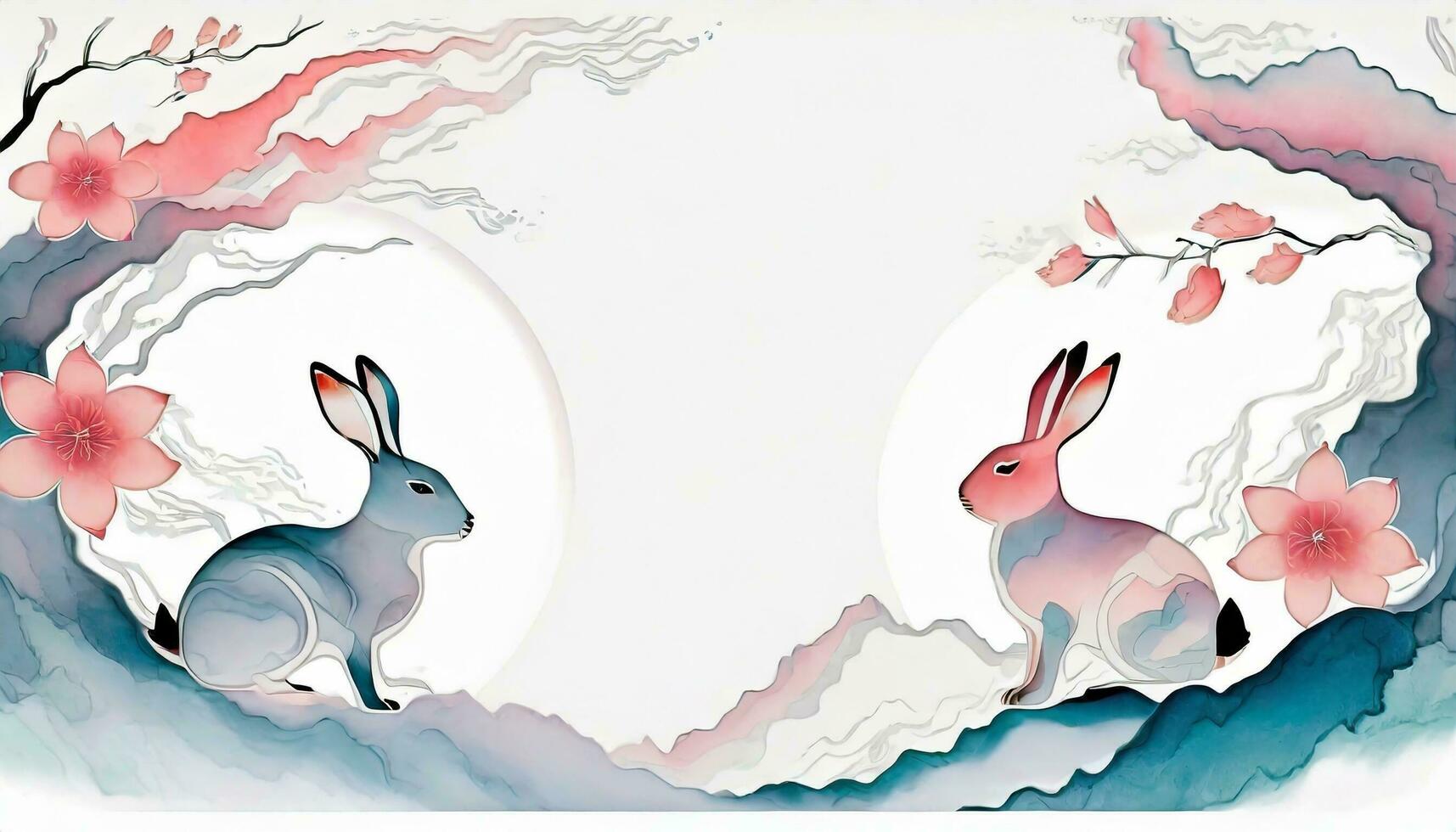 AI generated 2024 Chinese New Year Banner. Year of the Rabbit Template Design with Adornments of Rabbits and Flowers on a Background. photo